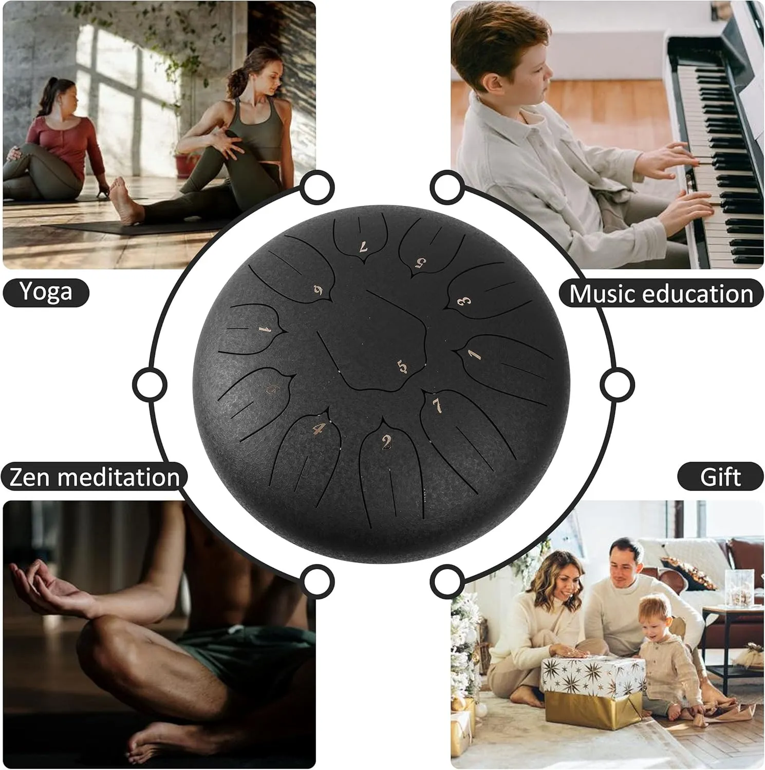Steel Tongue Drum 12 Inch 11 Notes for Adults - Ethereal Metal Instrument for Meditation & Yoga with Music Book, Mallets & Carry Bag (Black)