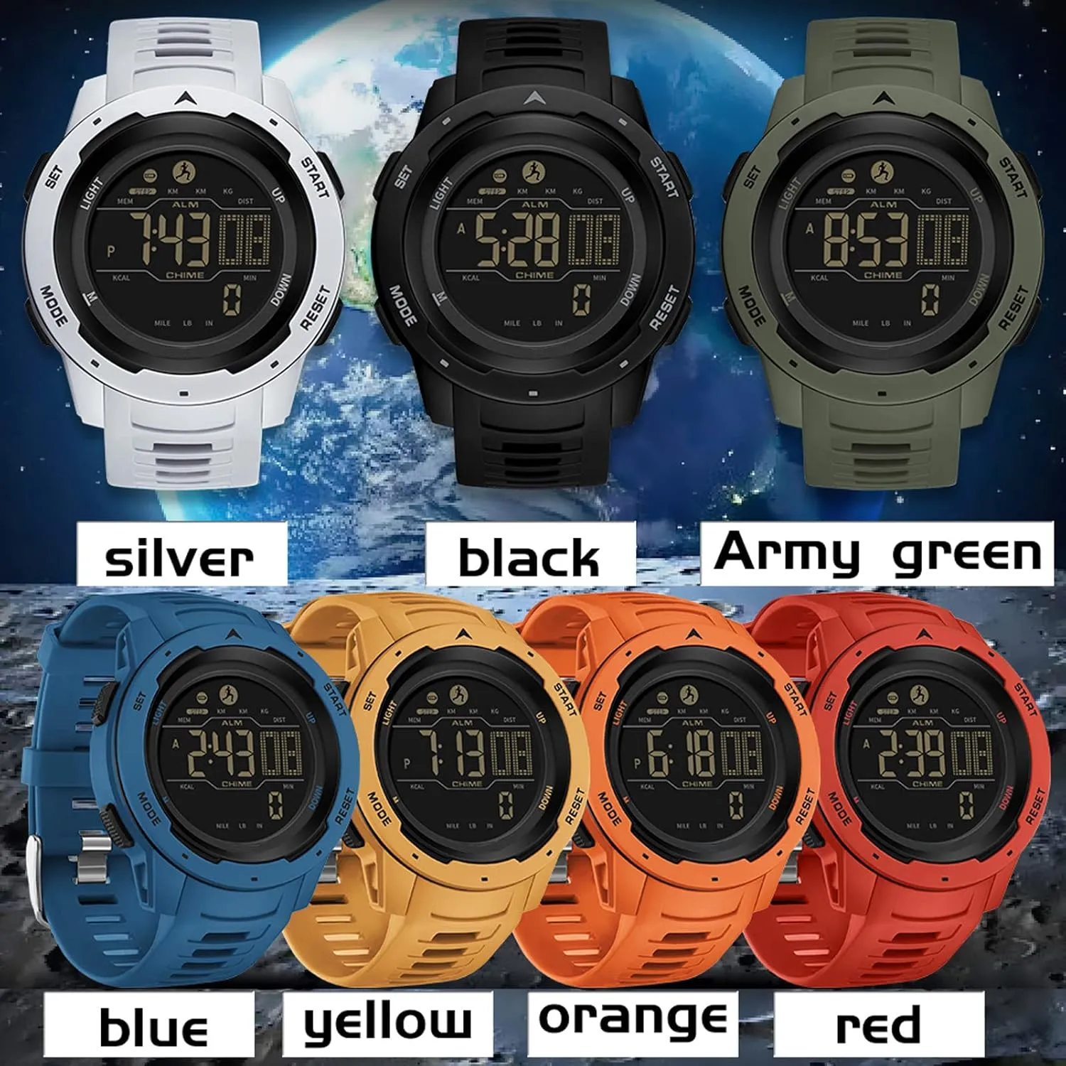 Step Counter Fitness Tracker Watches for Men, Men's Digital Sports Yellow Watch IP68 Waterproof with Pedometer Calorie Dual Time Countdown Stopwatch, Tactical Military Outdoor Survival Hiking