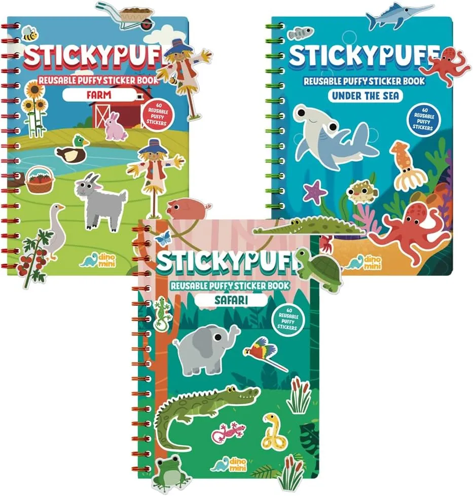 Stickypuff Value Pack - 3 Reusable Puffy Sticker Book for Toddlers - Puffy Stickers for Toddlers - Travel Activities for Kids Ages 4-8 - Screen Free Birthday Gifts (Animals)