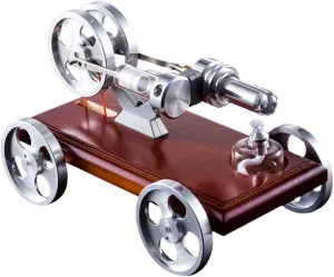 Stirling Steam Engine Car Model Kit, Car Engine Kit Solid Wood Baseplate Stirling Vehicle Engine Motor Model, Mechanical DIY Metal Stirling Motor Electricity Power Generator