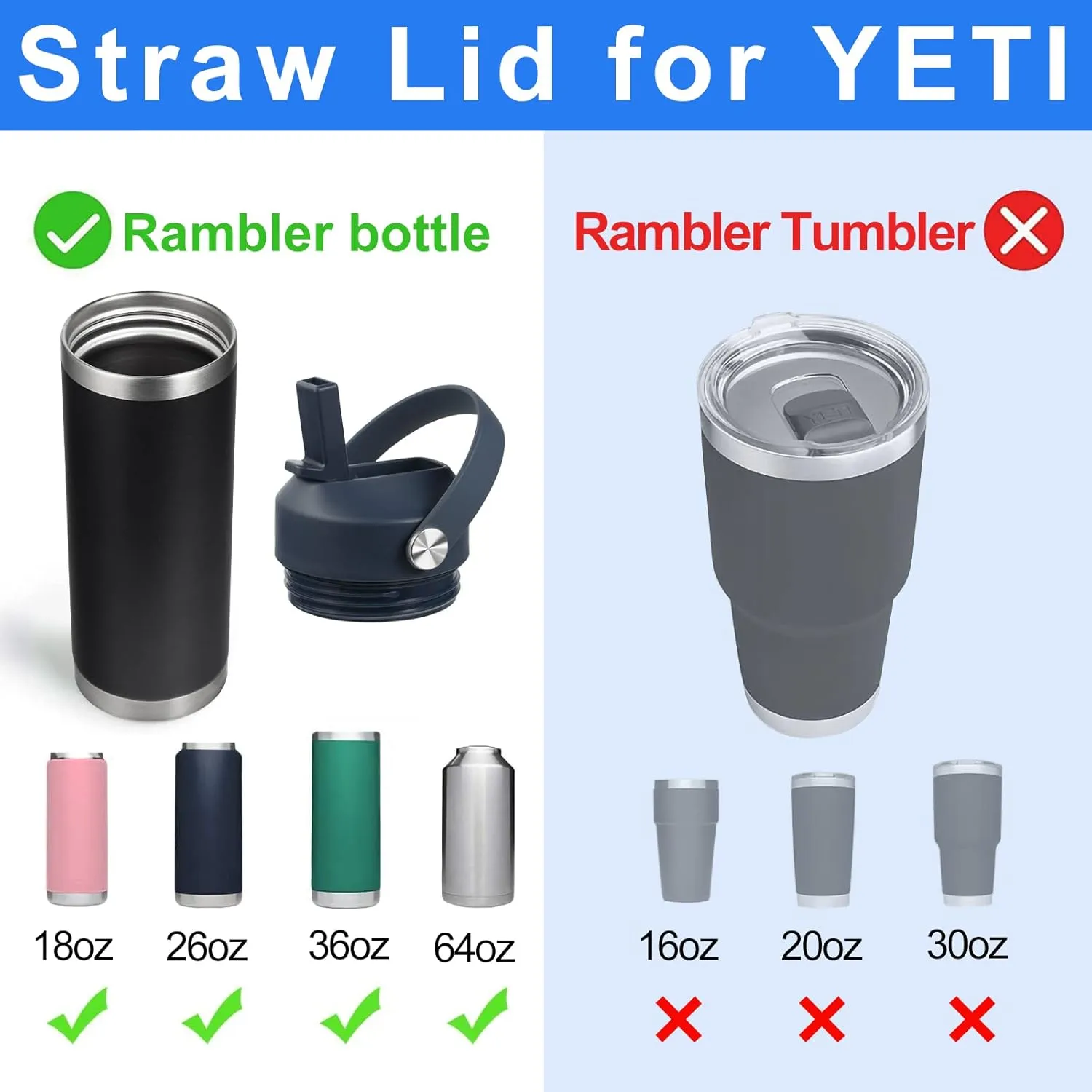 Straw lid for Yeti Rambler 18 26 36 64 oz, Lid with Straws and Flexible Handle, Replacement Cap for Yeti 18oz 26oz 36oz 64oz Rambler Water Bottle Straw Cap