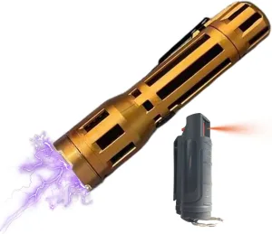 Stun Gun Flashlight and Pepper Spray Combo – Rechargeable Gold Arc Device with Clip-On Spray Bottle Gift Kit for Women and Men