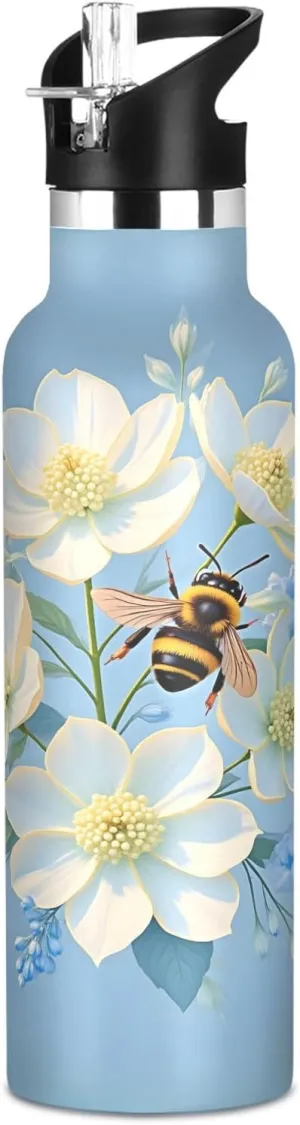 Summer Bee Spring Floral Kids Insulated Water Bottle with Straw Lid,Stainless Steel Leakproof Thermos Tumbler Water Bottle for Sports Travel School,20oz