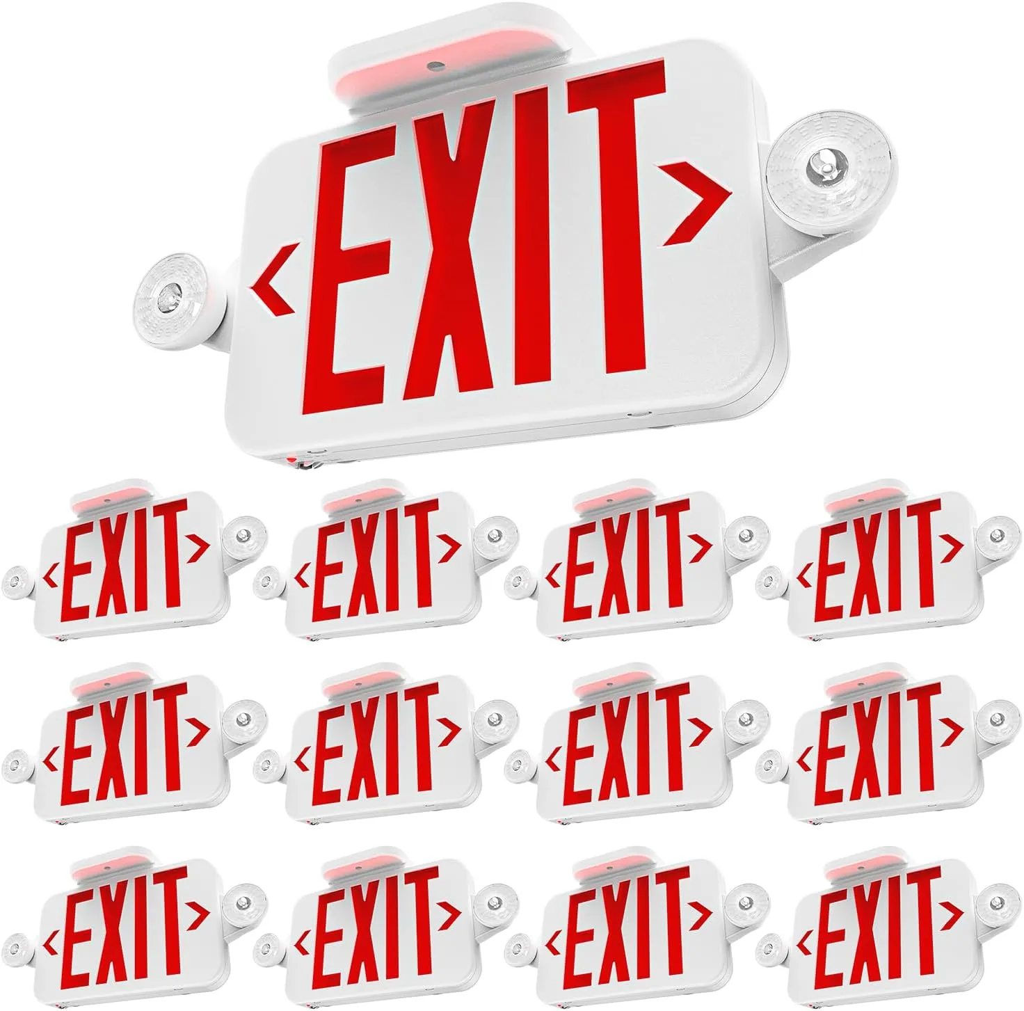 Sunco 12 Pack LED Exit Sign With Emergency Lights, Red, Two Mini Adjustable Lights, 94V-0 Fire Resistant, Backup Battery, 2.3W 6000K Daylight Deluxe, 200 Lumens 120-277V, Wall Or Ceiling Mount UL.