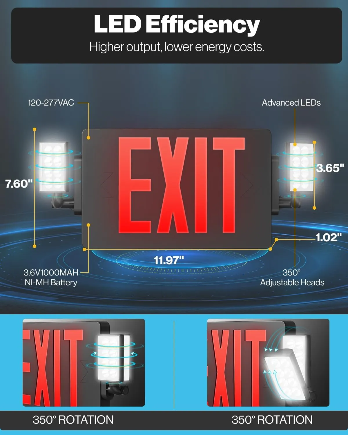 Sunco 6 Pack Black Exit Signs With Emergency Lights, Two Adjustable LED Lights, 94V-0 Fire Resistant, Backup Battery, 120-277V, Wall Or Ceiling Mount, Commercial Grade Double Sided UL.
