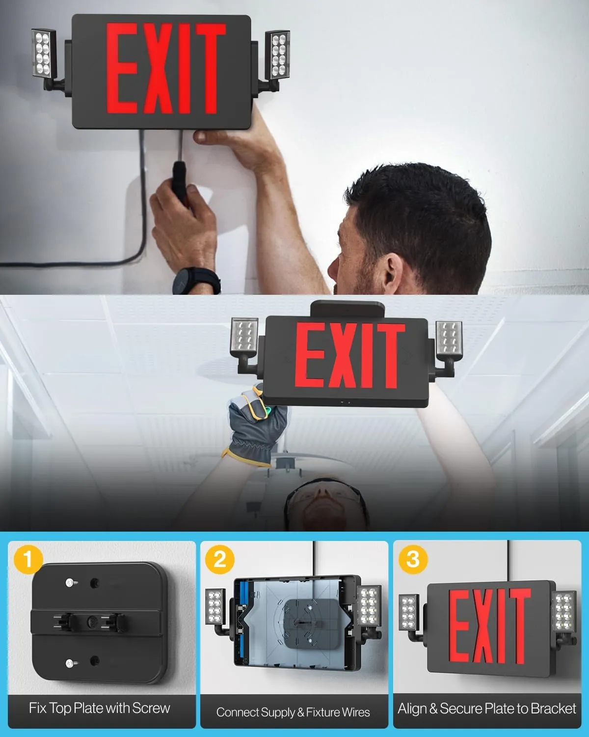 Sunco 6 Pack Black Exit Signs With Emergency Lights, Two Adjustable LED Lights, 94V-0 Fire Resistant, Backup Battery, 120-277V, Wall Or Ceiling Mount, Commercial Grade Double Sided UL.