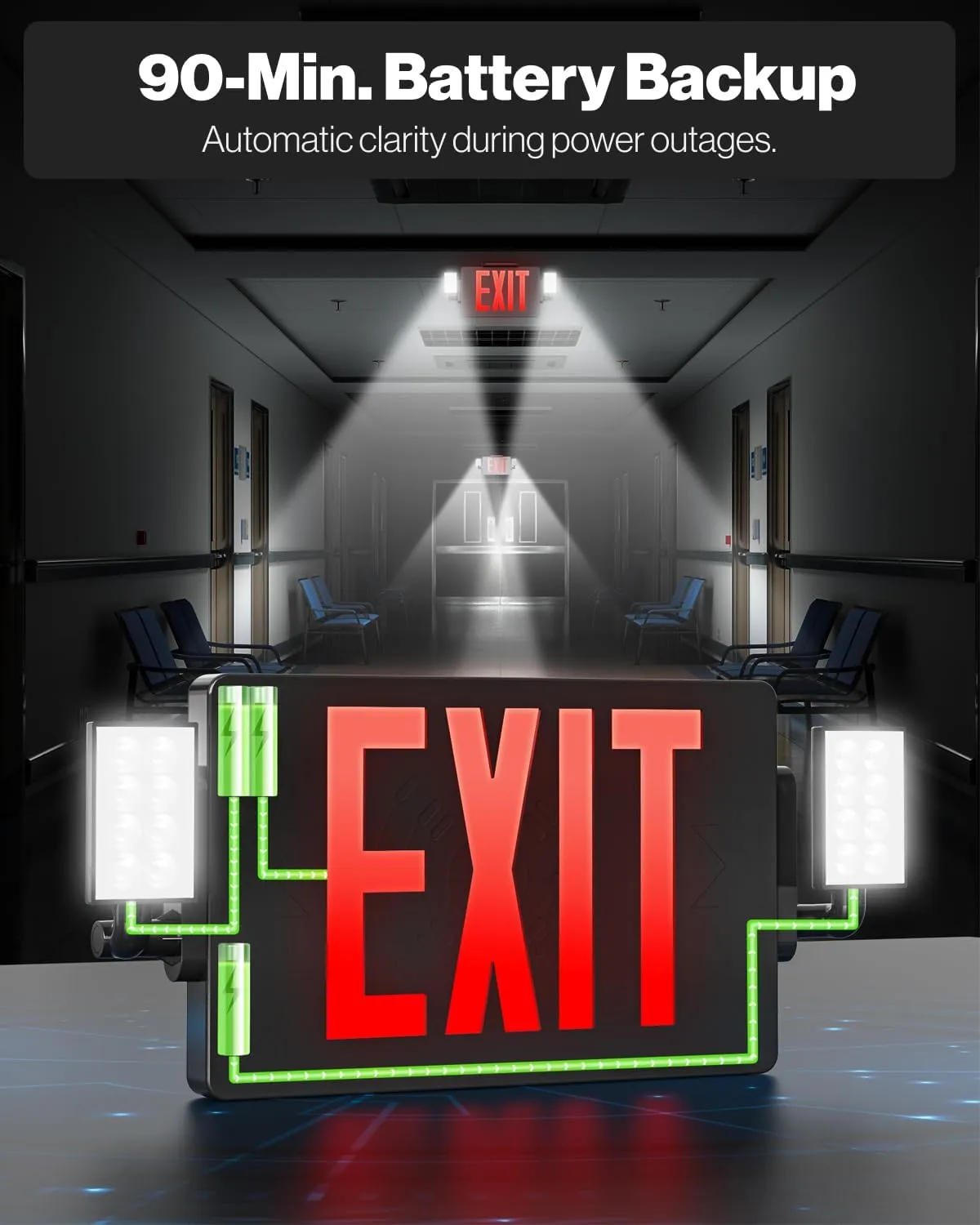 Sunco 6 Pack Black Exit Signs With Emergency Lights, Two Adjustable LED Lights, 94V-0 Fire Resistant, Backup Battery, 120-277V, Wall Or Ceiling Mount, Commercial Grade Double Sided UL.