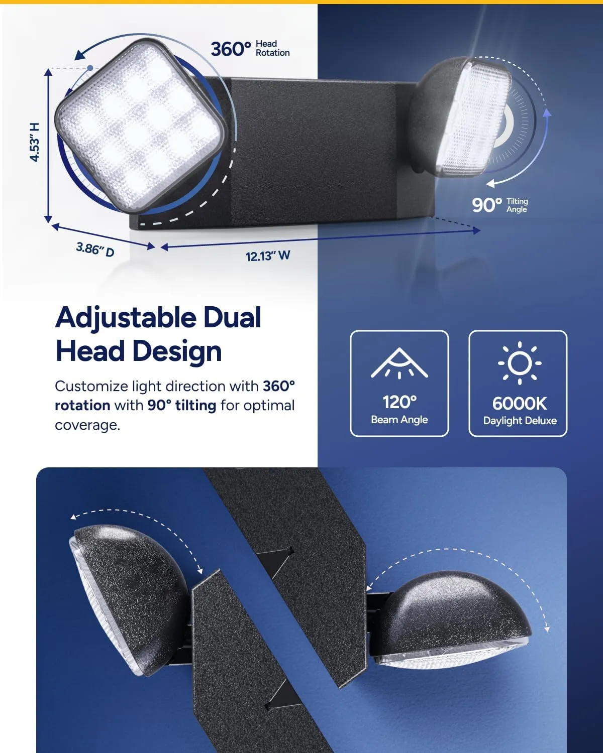 Sunco 6 Pack LED Emergency Lights, Commercial Lighting for Business, Power Outages, Offices, with Backup Battery (90 Minutes), Wall Mount, Hard Wired, Black, 120-277V, Fire Resistant (94V-0) UL.