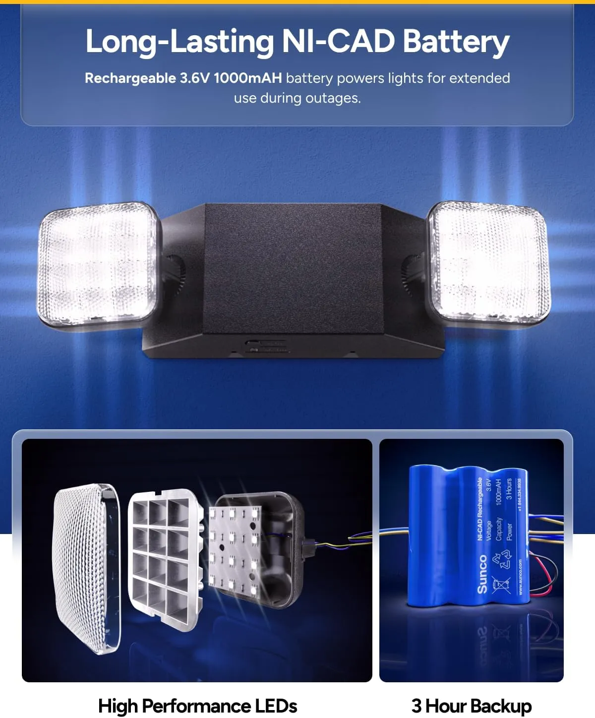Sunco 6 Pack LED Emergency Lights, Commercial Lighting for Business, Power Outages, Offices, with Backup Battery (90 Minutes), Wall Mount, Hard Wired, Black, 120-277V, Fire Resistant (94V-0) UL.