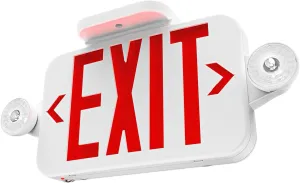 Sunco LED Exit Sign With Emergency Lights, Red, Two Mini Adjustable Lights, 94V-0 Fire Resistant, Backup Battery, 2.3W 6000K Daylight Deluxe, 200 Lumens 120-277V, Wall Or Ceiling Mount UL