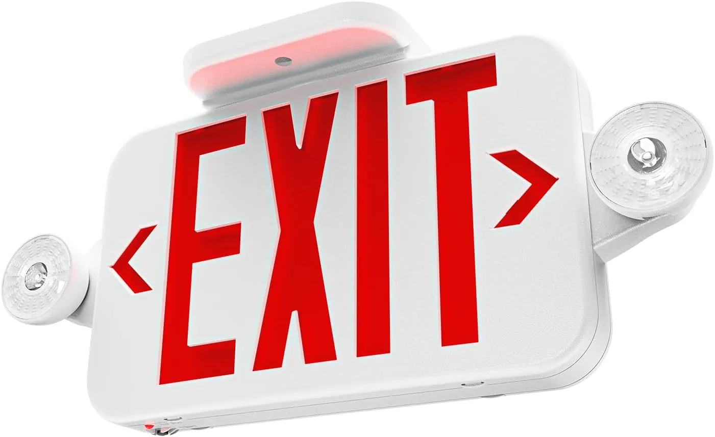 Sunco LED Exit Sign With Emergency Lights, Red, Two Mini Adjustable Lights, 94V-0 Fire Resistant, Backup Battery, 2.3W 6000K Daylight Deluxe, 200 Lumens 120-277V, Wall Or Ceiling Mount UL