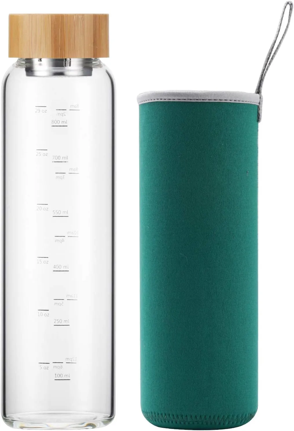 sunkey Glass Water Bottle 32 oz Wide Mouth with Sleeve Bamboo Lid Motivational Water Bottle With Time Marker Reusable Safe for Hot Cold Drinks Bpa Free (Green)