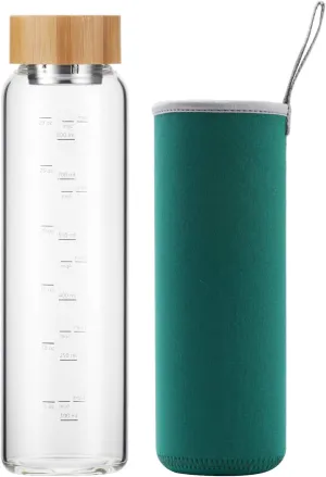 sunkey Glass Water Bottle 32 oz Wide Mouth with Sleeve Bamboo Lid Motivational Water Bottle With Time Marker Reusable Safe for Hot Cold Drinks Bpa Free (Green)