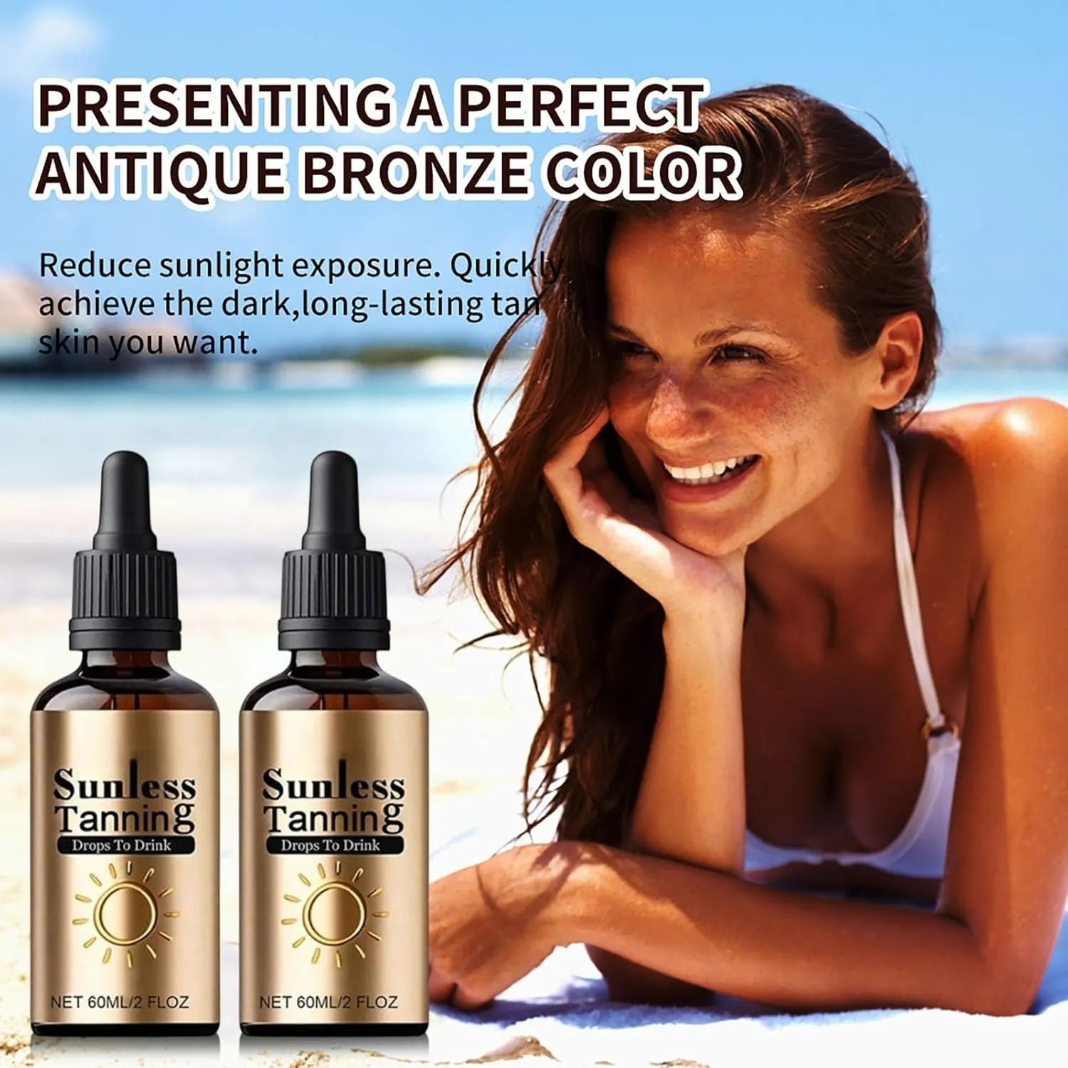 Sunless Tanning Drops To Drink - Drinkable Tanning Drops - No Sun Required to Naturally Boost Melanin for Face & Body - 2Fl.oz (2pcs)