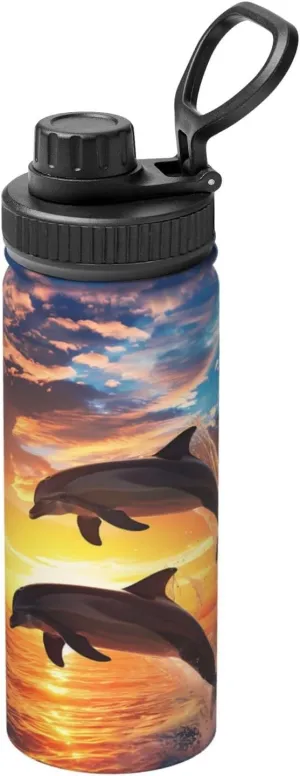Sunset Dolphin Jumping 18oz Vacuum Insulated Water Bottle with Spout Lid and Handle, Sea Ocean Stainless Steel Thermal Water Jug, Leakproof Flask for Gym Hiking Travel Office
