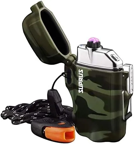 SUPRUS Waterproof Lighter 3 Modes of Flashlight Windproof Lighter Dual Arc Electric Lighters Rechargeable Dual Arc Plasma Lighter with Survival Emergency Whistle and Lanyard Camouflage