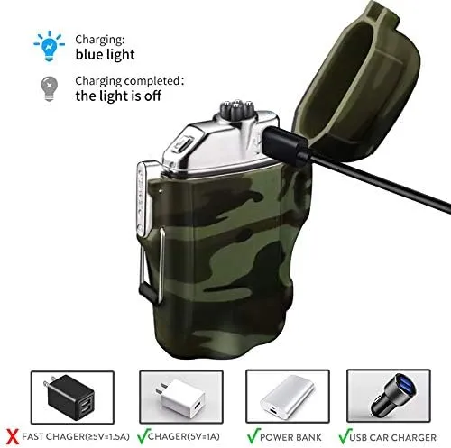 SUPRUS Waterproof Lighter 3 Modes of Flashlight Windproof Lighter Dual Arc Electric Lighters Rechargeable Dual Arc Plasma Lighter with Survival Emergency Whistle and Lanyard Camouflage