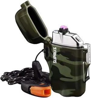 SUPRUS Waterproof Lighter 3 Modes of Flashlight Windproof Lighter Dual Arc Electric Lighters Rechargeable Dual Arc Plasma Lighter with Survival Emergency Whistle and Lanyard Camouflage