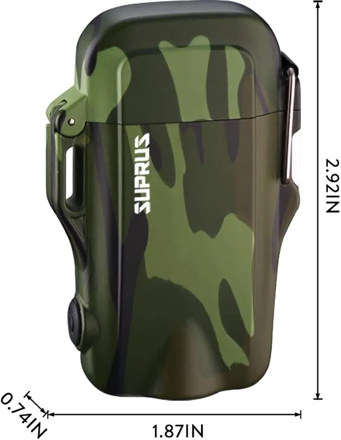 SUPRUS Waterproof Lighter 3 Modes of Flashlight Windproof Lighter Dual Arc Electric Lighters Rechargeable Dual Arc Plasma Lighter with Survival Emergency Whistle and Lanyard Camouflage