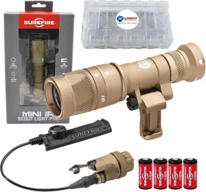 Sure Fire Mini Scoutlight Pro Tactical Flashlight (M340C) with Waterproof Switch Assembly (DS-SR07) Tan Bundle with 4 Extra CR123A Batteries and Battery Pack - Weapon Light Switch Combo LED