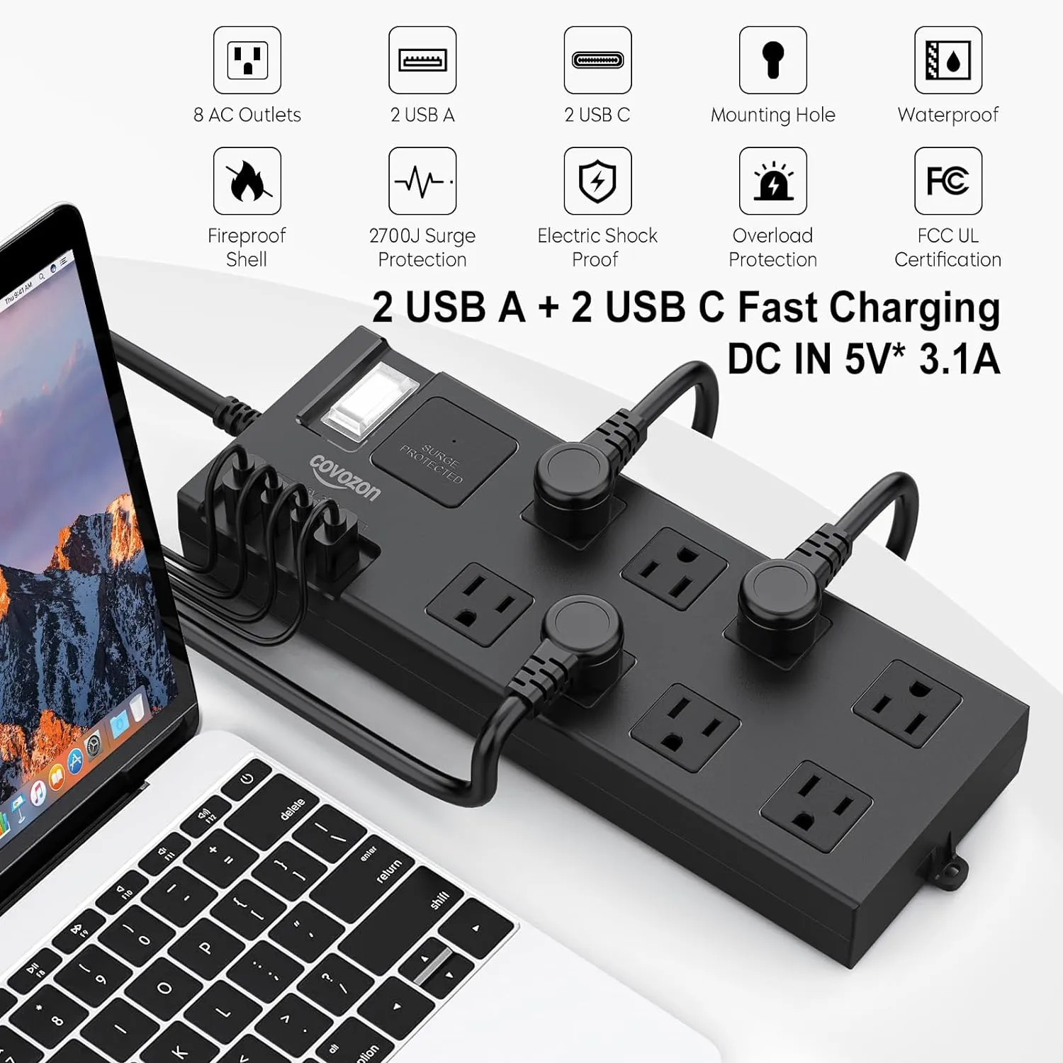 Surge Protector Power Strip Waterproof, Outdoor Extension Cord Multiple Outlets with USB A   C Fast Charging, Waterproof Electrical Box Electrical Outlet Box Extender Power Strip 6ft 10ft 15ft 20ft
