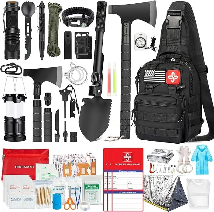 Survival Kit, 262Pcs Survival Gear and Supplieswith First Aid Kit Pouch and Crossbody Bag, Emergency Kit with Tent, Camping Axe Hammer, Survival Shovel w/Pick, Bug Out Bag Gifts for Men Women