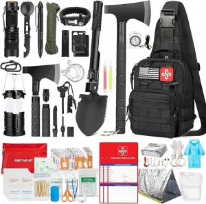 Survival Kit, 262Pcs Survival Gear and Supplieswith First Aid Kit Pouch and Crossbody Bag, Emergency Kit with Tent, Camping Axe Hammer, Survival Shovel w/Pick, Bug Out Bag Gifts for Men Women
