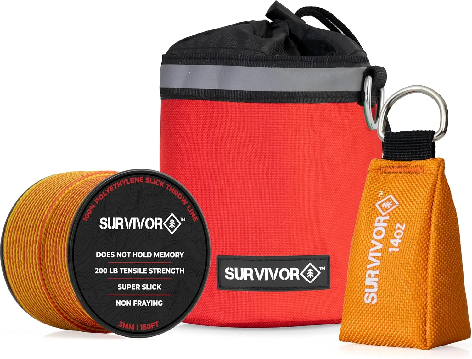 SURVIVOR Arborist Throw Line Kit - Includes 14 OZ Throw Weight, 200 LB Throw Line, & Storage Case - Rugged Tree Climbing Gear with Arborist Rope, Arborist Throw Bag, & Storing Case (Red)