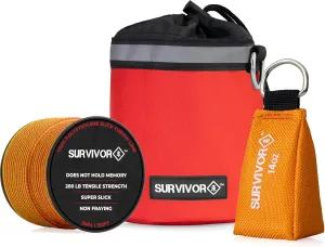 SURVIVOR Arborist Throw Line Kit - Includes 14 OZ Throw Weight, 200 LB Throw Line, & Storage Case - Rugged Tree Climbing Gear with Arborist Rope, Arborist Throw Bag, & Storing Case (Red)