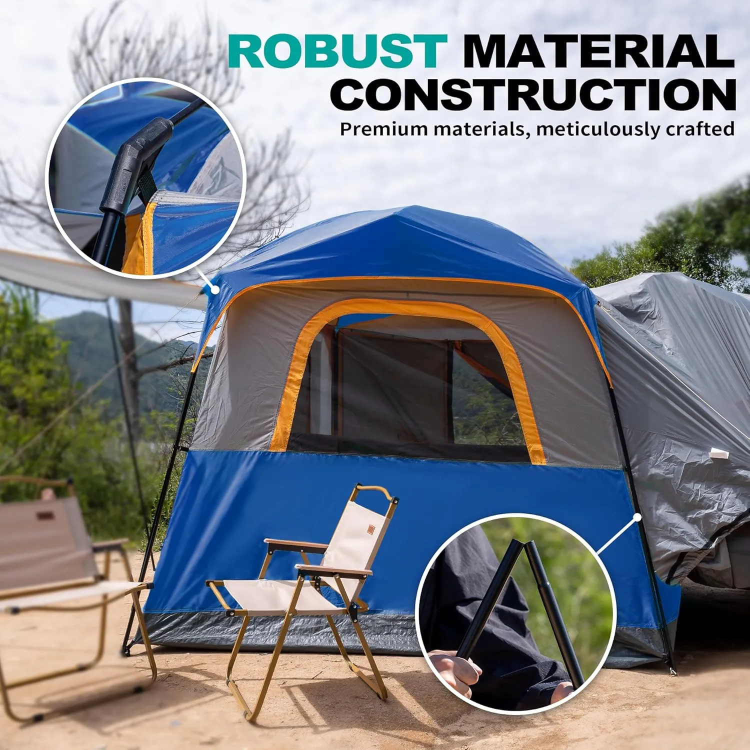 SUV Tent for Camping, Waterproof PU3000mm Spacious Double Layer Design for 5-8 Person, Includes Rainfly and Storage Bag, 8FT L x 8FT W x 7.2FT H (Deep Blue)
