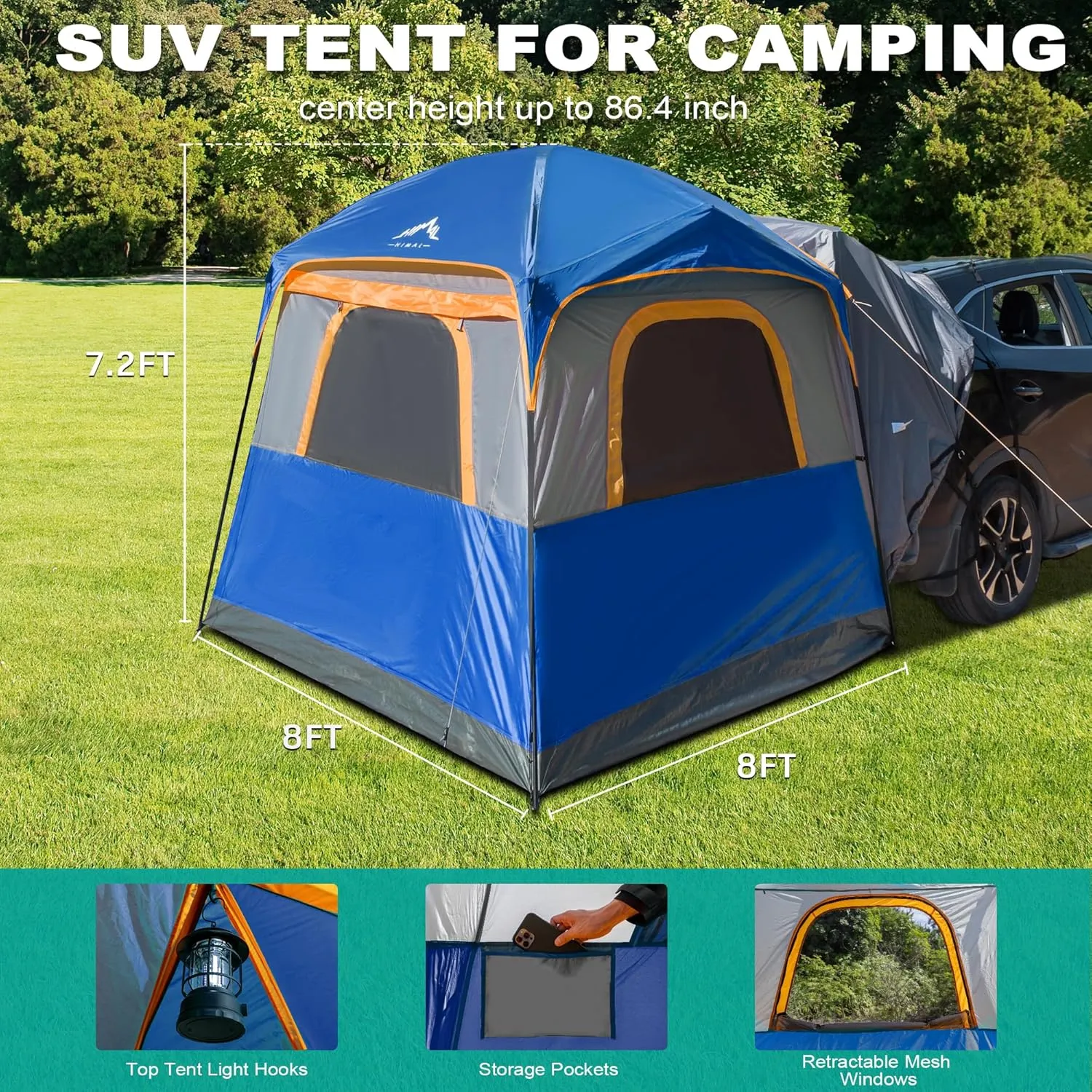 SUV Tent for Camping, Waterproof PU3000mm Spacious Double Layer Design for 5-8 Person, Includes Rainfly and Storage Bag, 8FT L x 8FT W x 7.2FT H (Deep Blue)