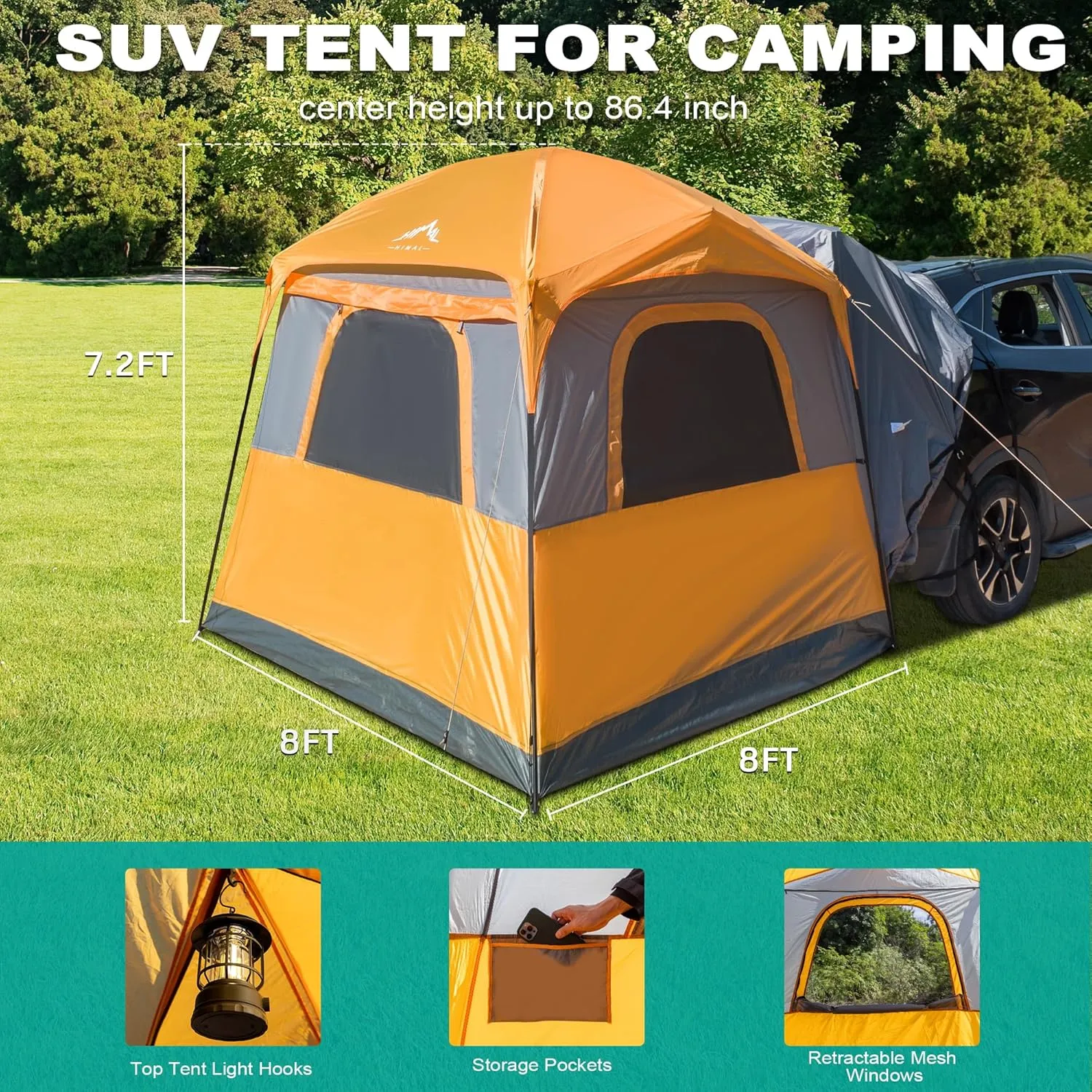 SUV Tent for Camping, Waterproof PU3000mm Spacious Double Layer Design for 5-8 Person, Includes Rainfly and Storage Bag, 8FT L x 8FT W x 7.2FT H (Orange)