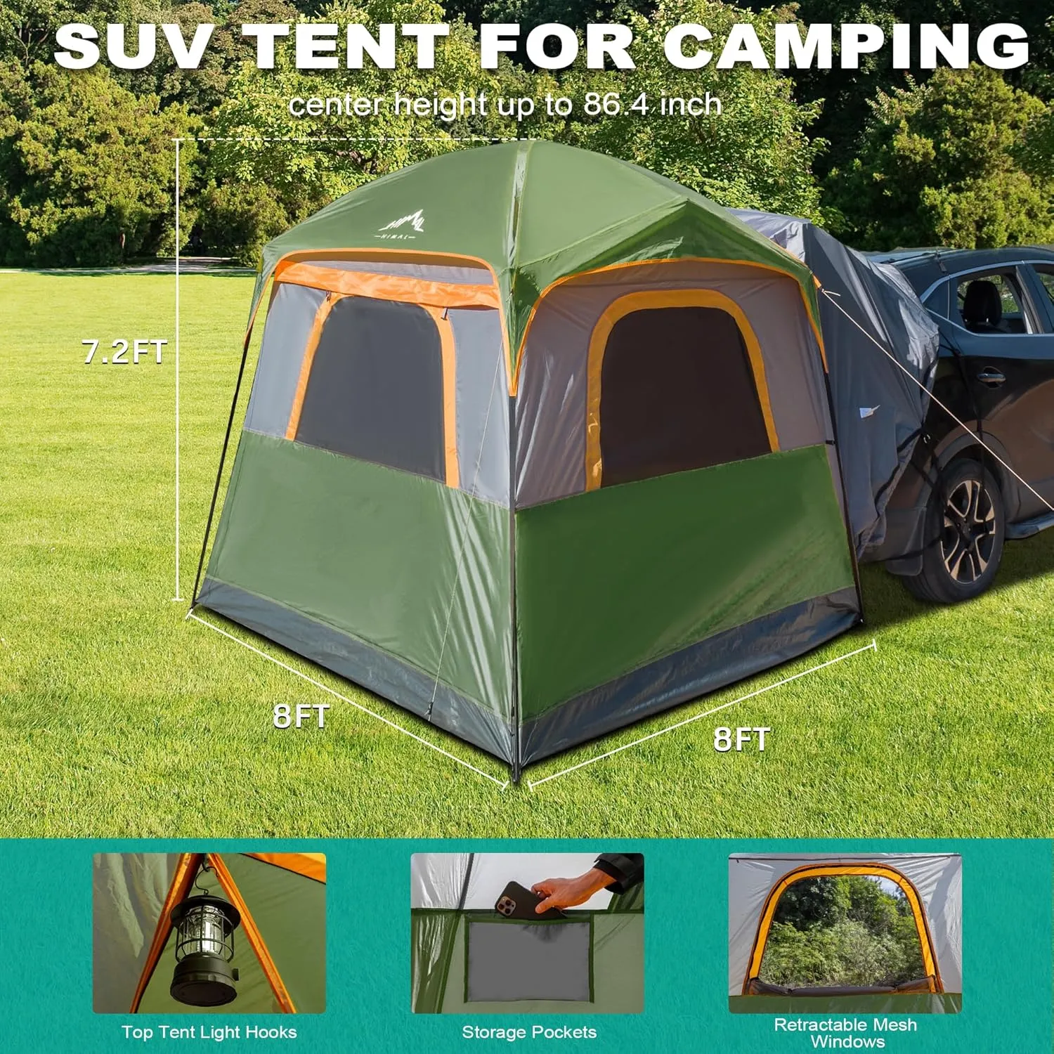 SUV Tent for Camping,Waterproof PU2000mm, Fits 5-8 People,Spacious Double Layer Design, Includes Rainfly & Storage Bag, 8FT L x 8FT W x 7.2FT H