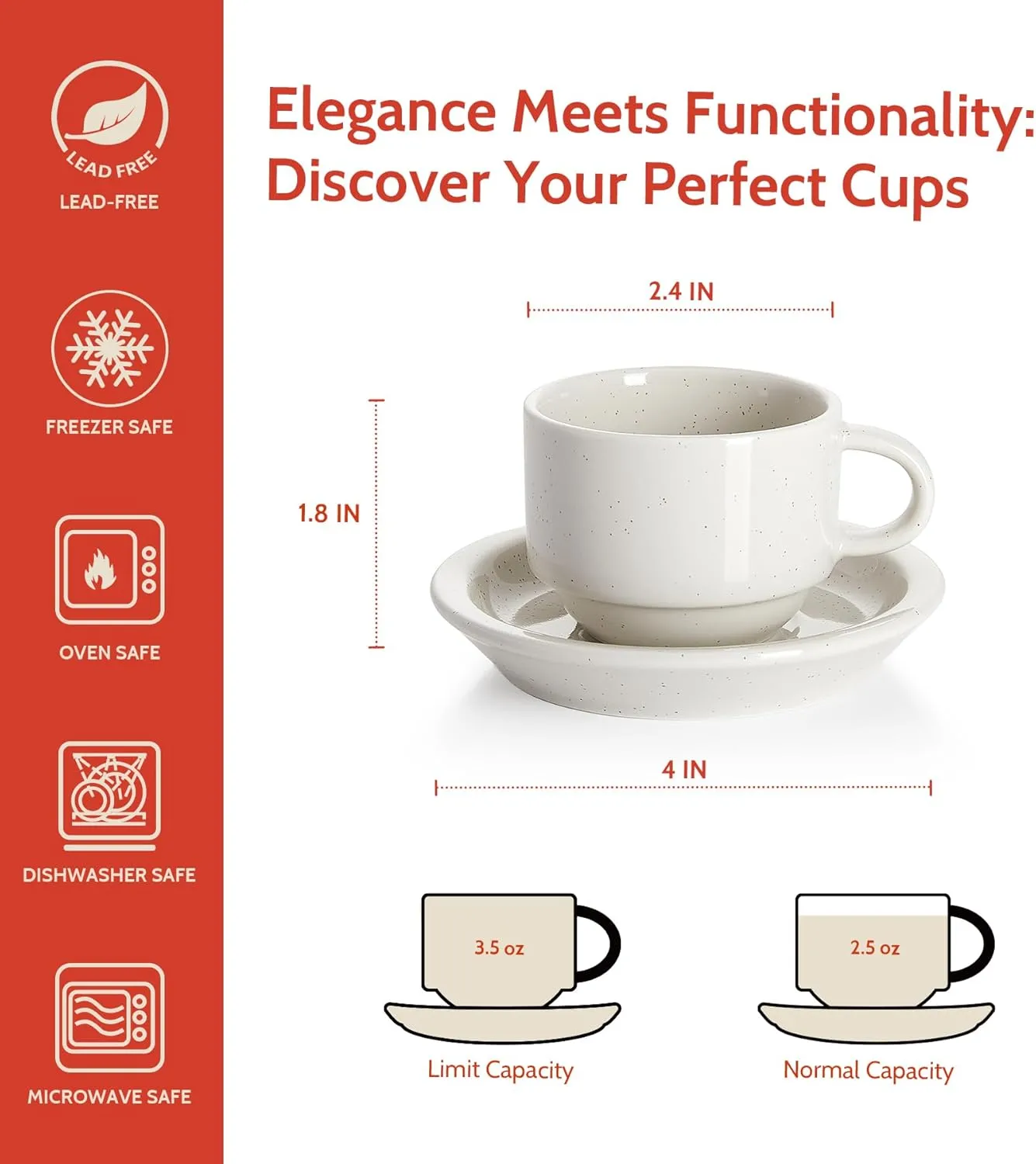 Sweese 2.5 Ounce Porcelain Stackable Espresso Cups with Saucers and Metal Stand Set of 4, Dove Grey