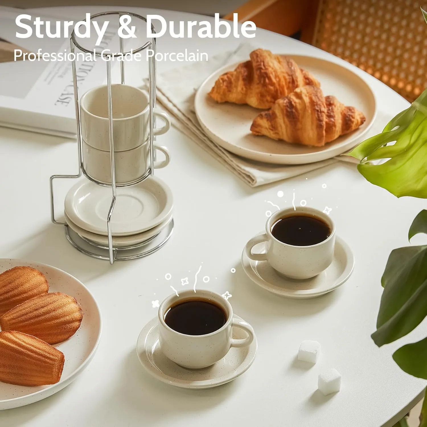 Sweese 2.5 Ounce Porcelain Stackable Espresso Cups with Saucers and Metal Stand Set of 4, Dove Grey