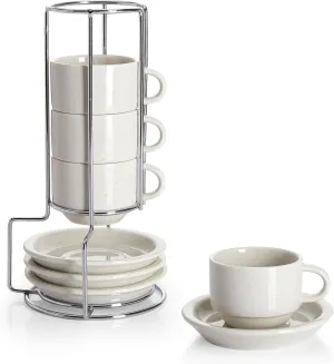 Sweese 2.5 Ounce Porcelain Stackable Espresso Cups with Saucers and Metal Stand Set of 4, Dove Grey