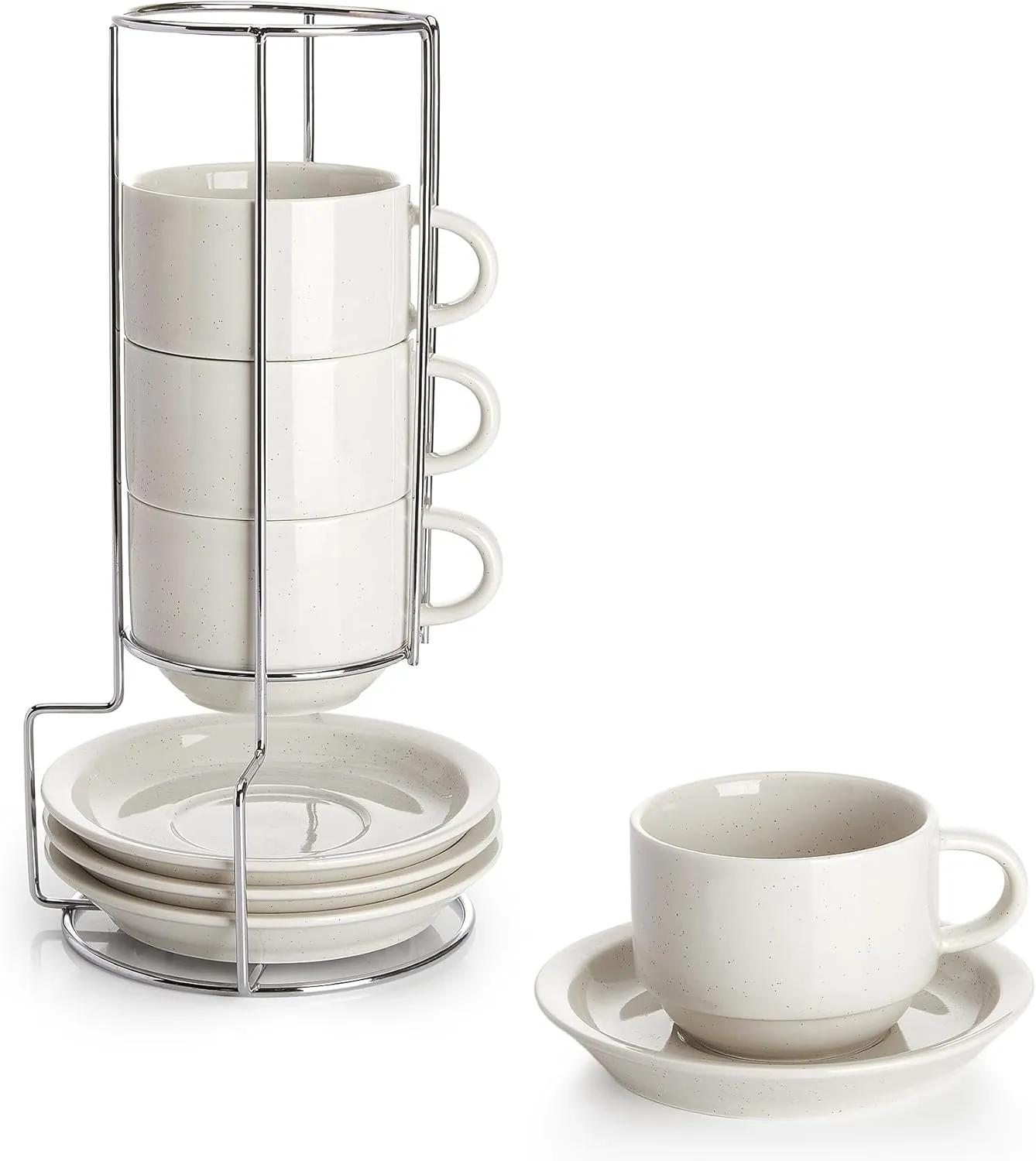 Sweese 8 Ounce Porcelain Stackable Cappuccino Cups with Saucers and Metal Stand - for Specialty Coffee Drinks, Cappuccino, Latte, Americano and Tea - Set of 4, Dove Grey