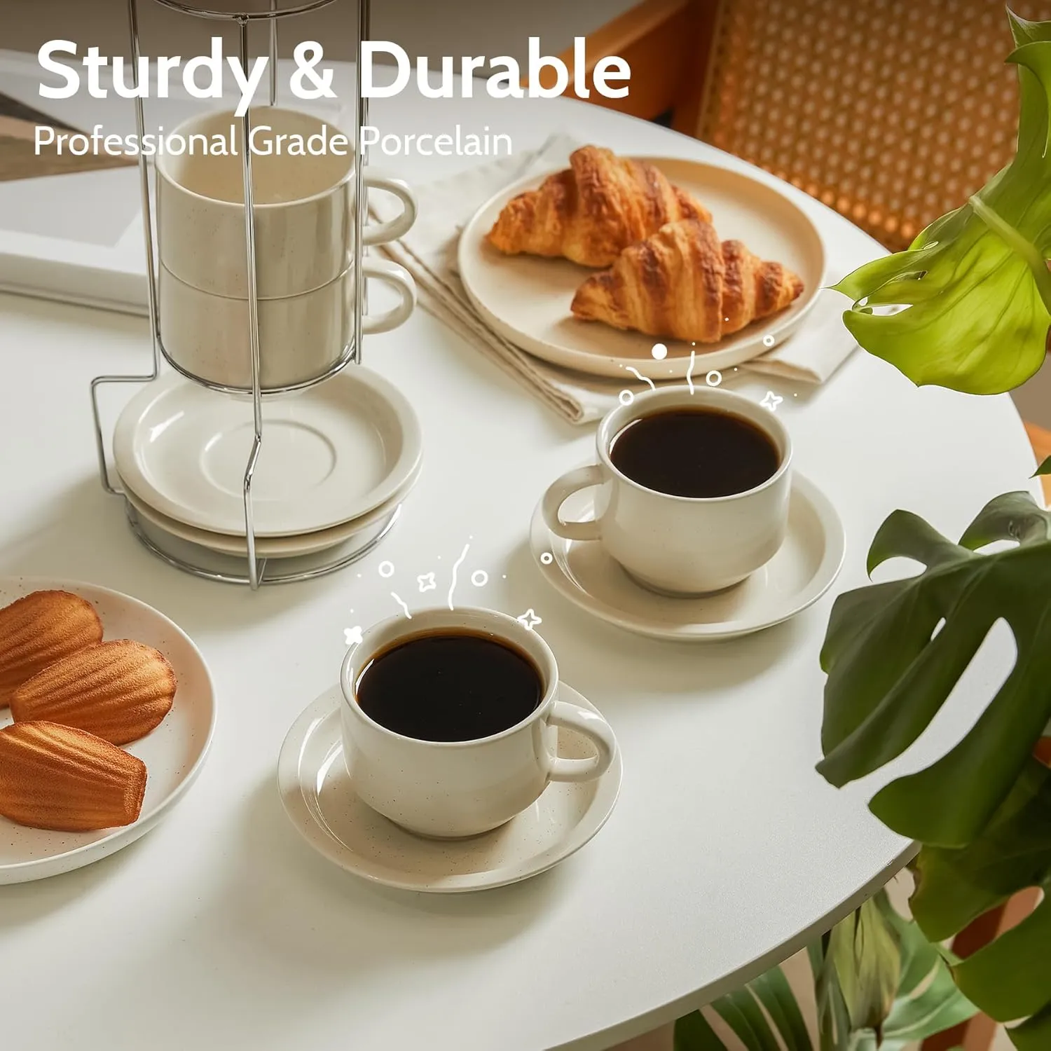 Sweese 8 Ounce Porcelain Stackable Cappuccino Cups with Saucers and Metal Stand - for Specialty Coffee Drinks, Cappuccino, Latte, Americano and Tea - Set of 4, Dove Grey