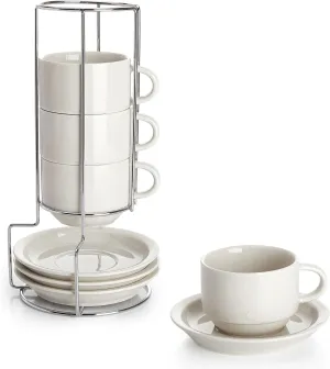 Sweese 8 Ounce Porcelain Stackable Cappuccino Cups with Saucers and Metal Stand - for Specialty Coffee Drinks, Cappuccino, Latte, Americano and Tea - Set of 4, Dove Grey