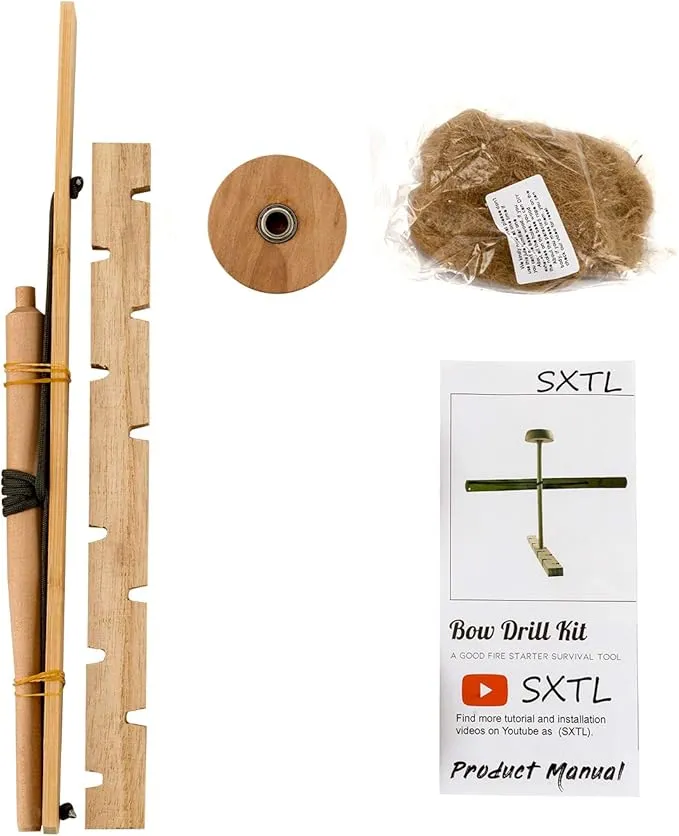 SXTL Bow Drill Fire Starter Kit Outdoor Survival Practice Tool, Friction Fire Starter for Scout, Backpacking and Camping, Survival Training and Teaching