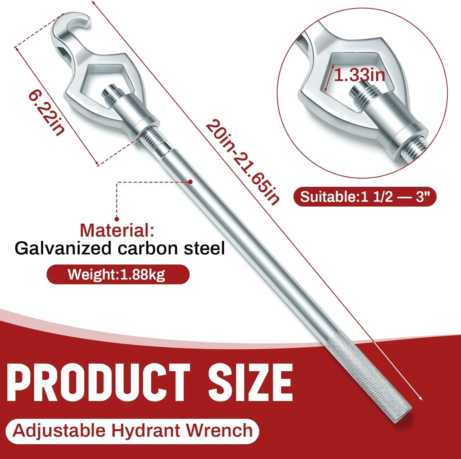 Tandefio 1 Pcs Fire Hydrant Wrench Adjustable, 1-1/2 to 3 20 Inch Multifunctional Hydrant Wrench for Tightening Fire Nuts Tightening Water Pipes, 3 Position Adjustable Nuts 1-1/2 to 3
