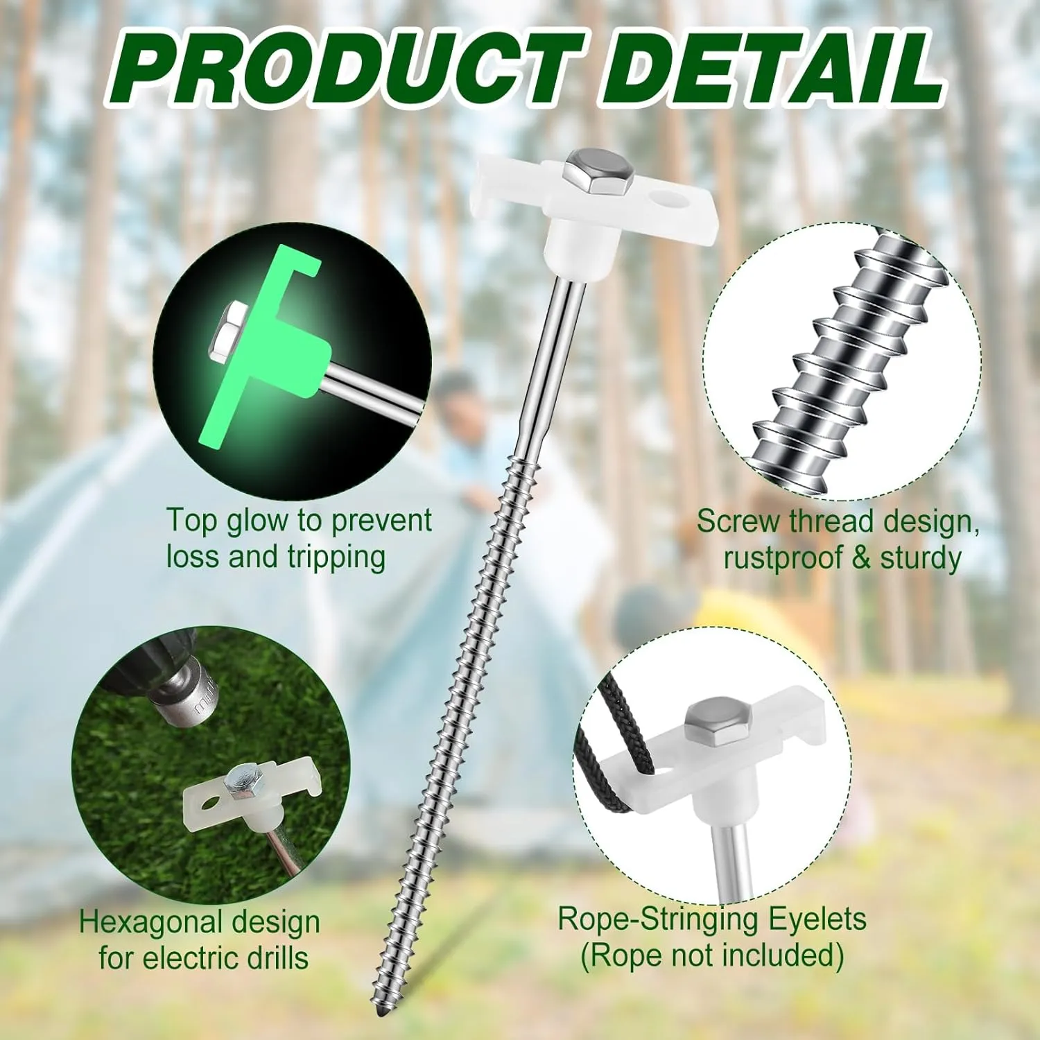 Tandefio 40 Pcs 8 Inch Screw in Tent Stakes Heavy Duty Drill in Ground Anchor Pegs Metal Stakes Screws Hex Pegs Drillable Camping Threaded Tent Spike with Hex Head Driver (Illuminant White)