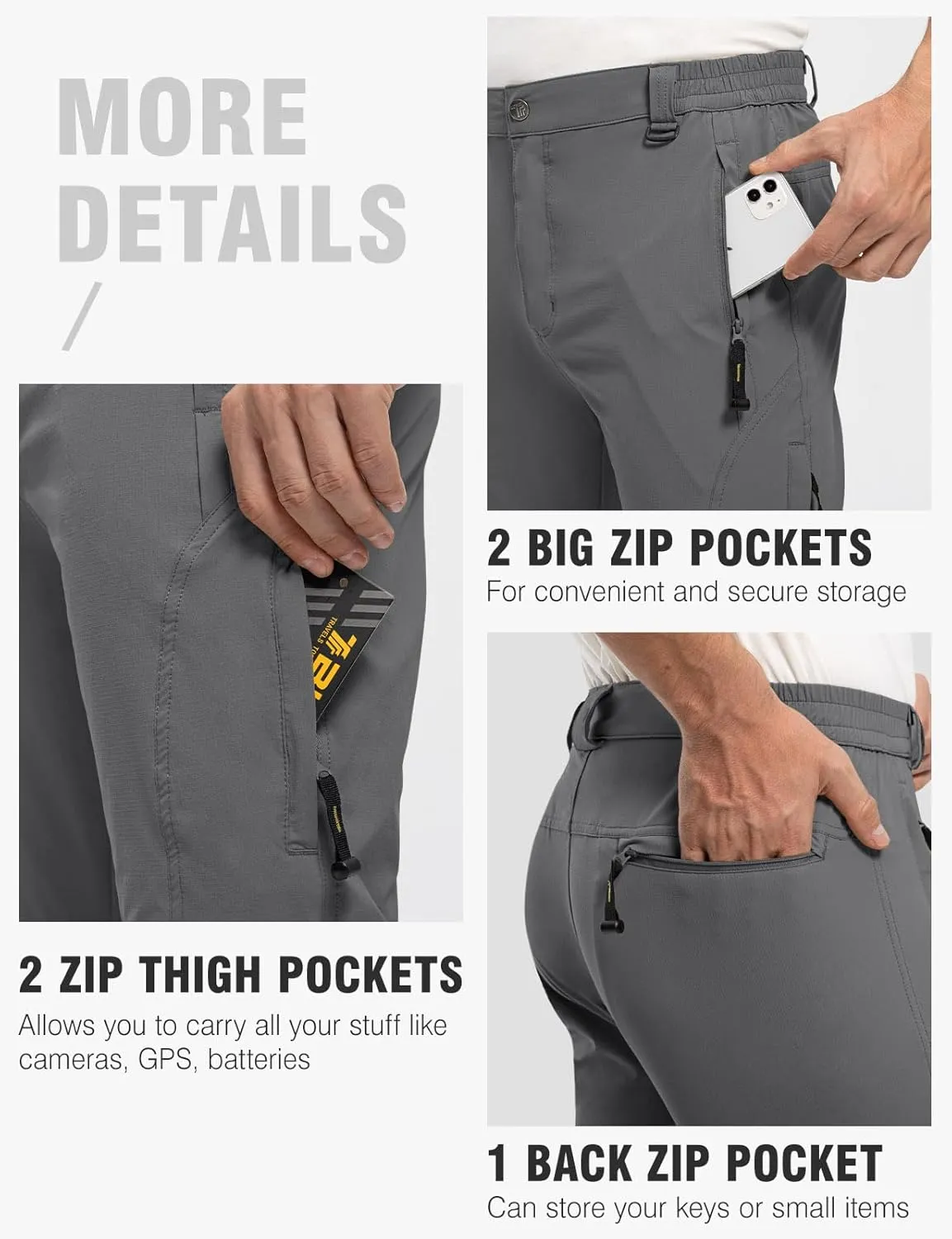 TBMPOY Men's Lightweight Hiking Pants with Belt 5 Zip Pockets Waterproof Quick-Dry Travel Fishing Work Outdoor Pants
