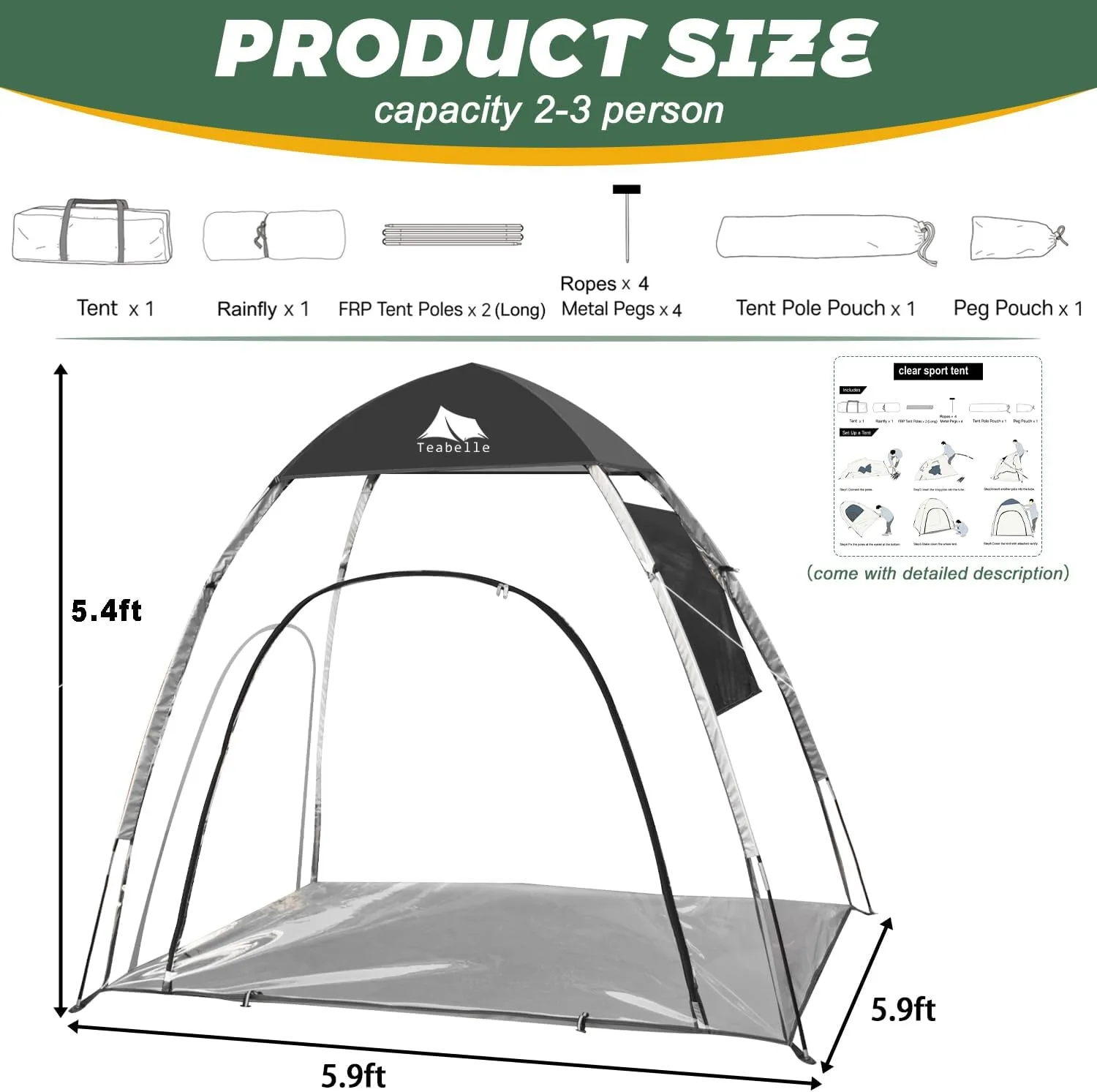 Teabelle Clear Sports Tent - Large 2-3 Person Instant Pop-up Tent with Zipper Window, UV-Proof, Weatherproof for Watching Sports, Camping, Fishing