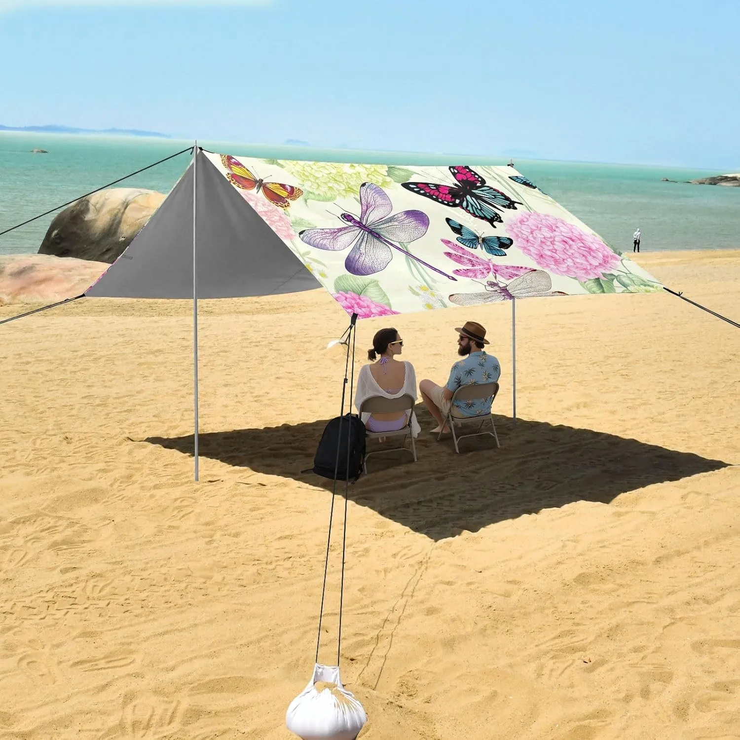 Tent Beach Canopy 9.2 × 10.5 FT Patio Sun Shade Outdoor Butterfly Dragonfly Hydrangea Family Camping Shelter Backyard Waterproof with Poles Sand Anchor