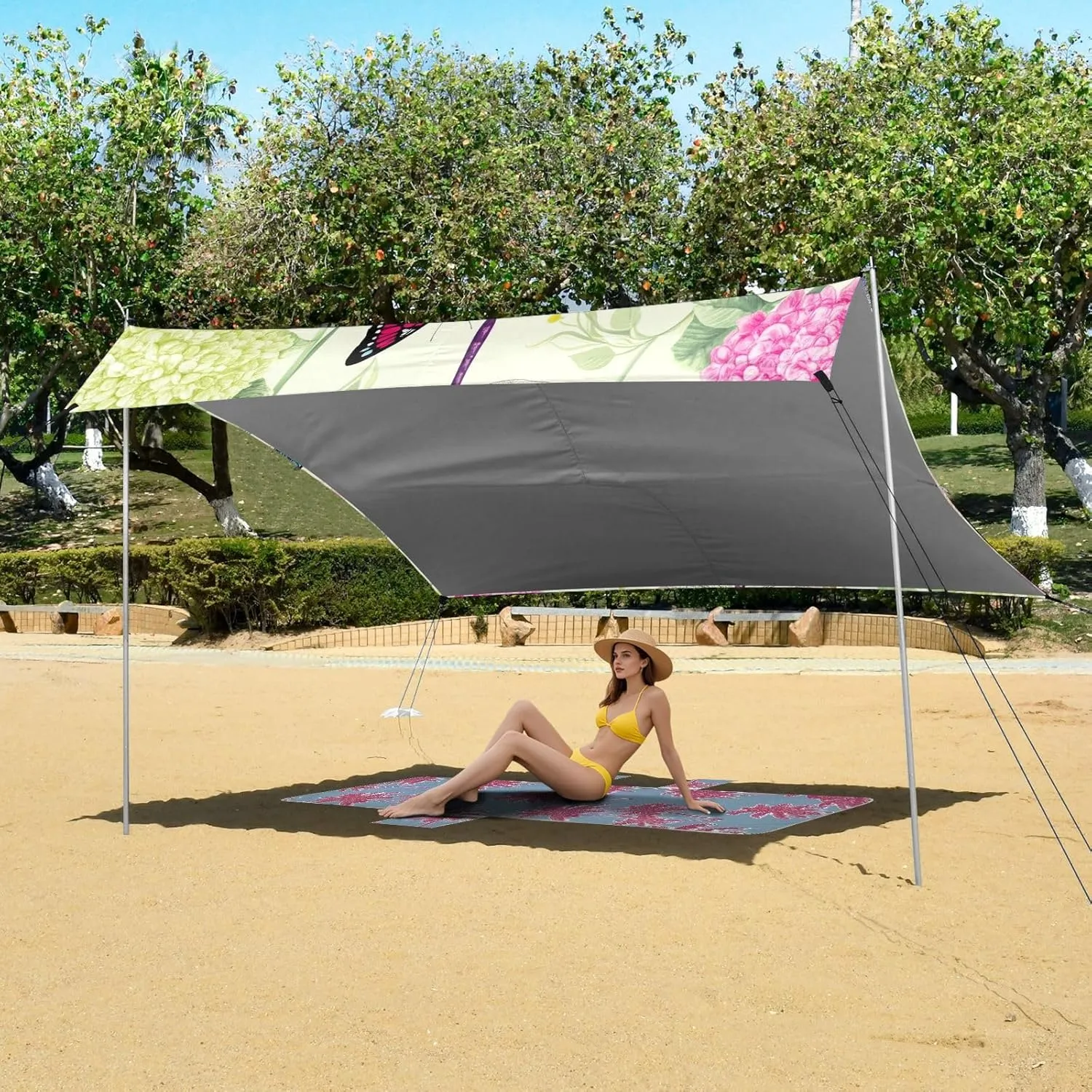 Tent Beach Canopy 9.2 × 10.5 FT Patio Sun Shade Outdoor Butterfly Dragonfly Hydrangea Family Camping Shelter Backyard Waterproof with Poles Sand Anchor