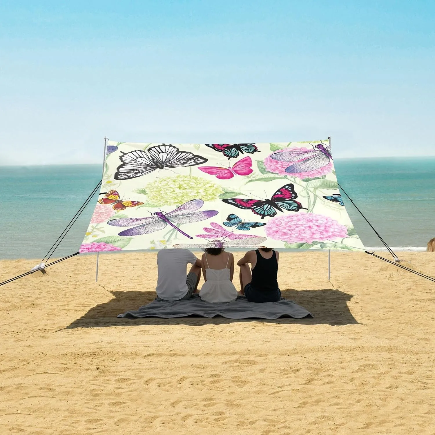 Tent Beach Canopy 9.2 × 10.5 FT Patio Sun Shade Outdoor Butterfly Dragonfly Hydrangea Family Camping Shelter Backyard Waterproof with Poles Sand Anchor