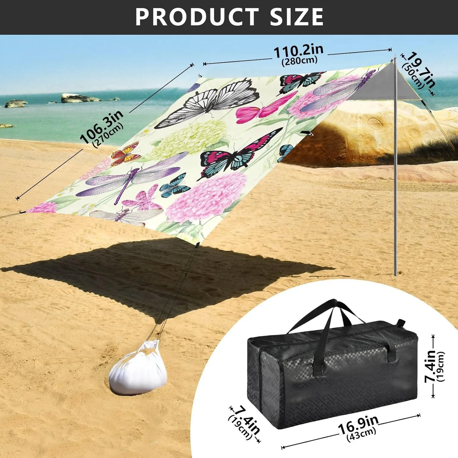 Tent Beach Canopy 9.2 × 10.5 FT Patio Sun Shade Outdoor Butterfly Dragonfly Hydrangea Family Camping Shelter Backyard Waterproof with Poles Sand Anchor
