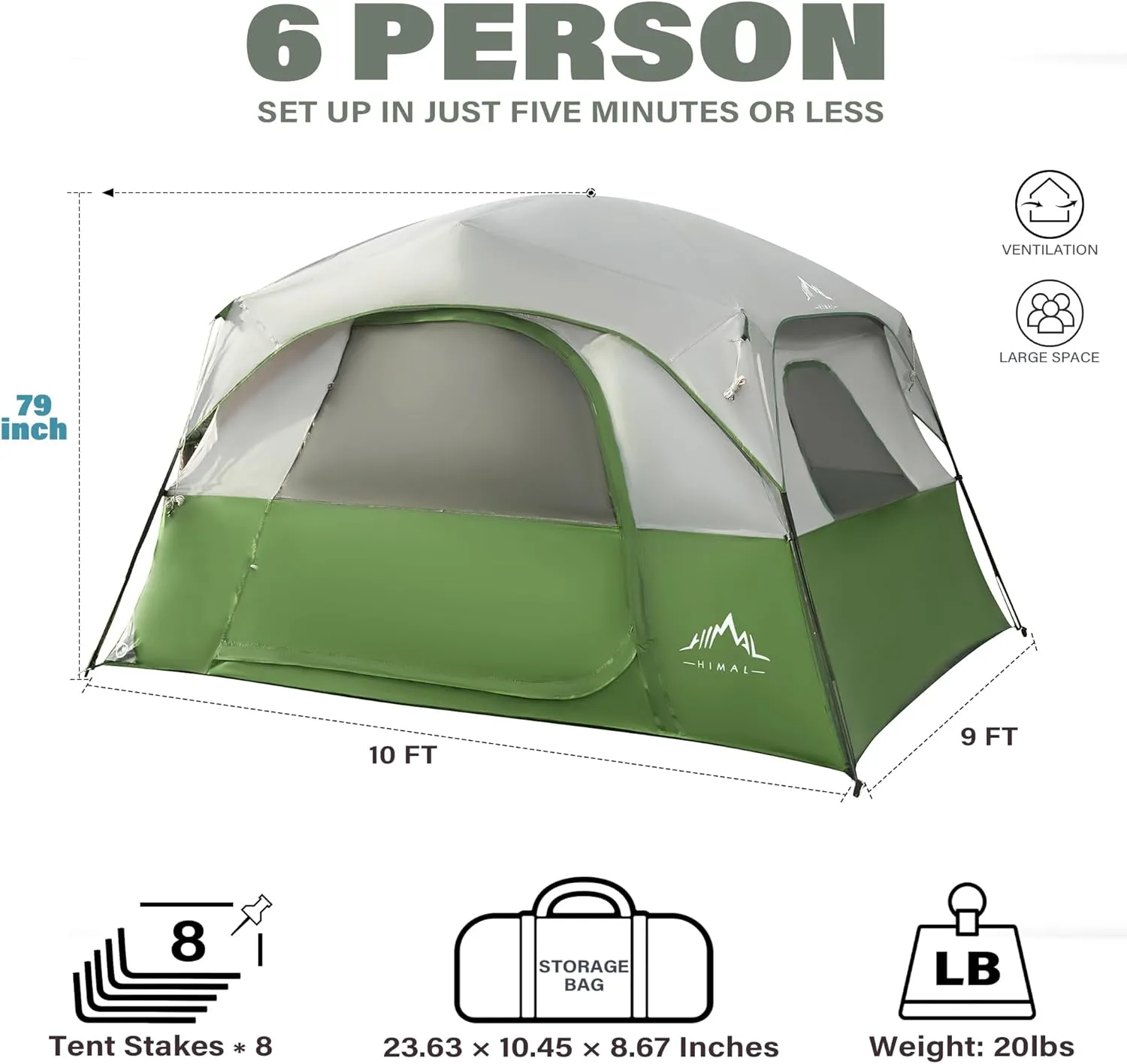 Tents 6 Person for Camping,Easy Setup Waterproof Windproof Camping Tent,Double Layer -10'X9'X79in(H)