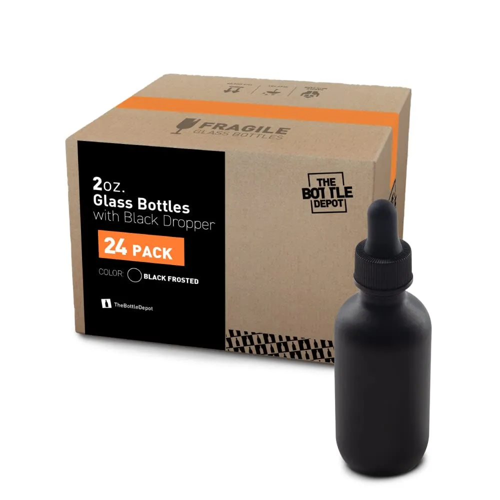 The Bottle Depot - 2 oz Glass Dropper Bottle - 24 Pack - Black Frosted - Tincture Bottles With Dropper